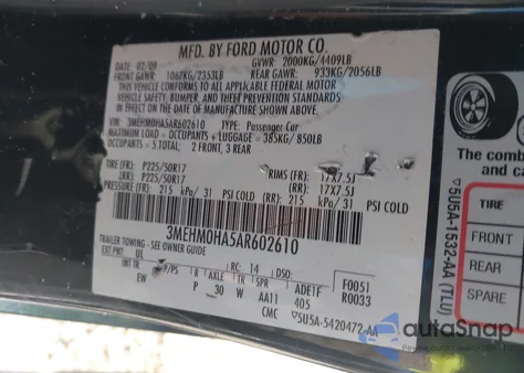 2010 Mercury Milan from USA, damaged, VIN 3MEHM0HA5AR602610